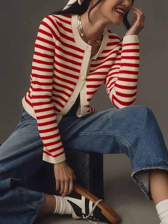 Anthropologie Sweaters - Anthropologie NVLT | Red Cream Striped Lady Jacket Cardigan Sweater ~ Medium